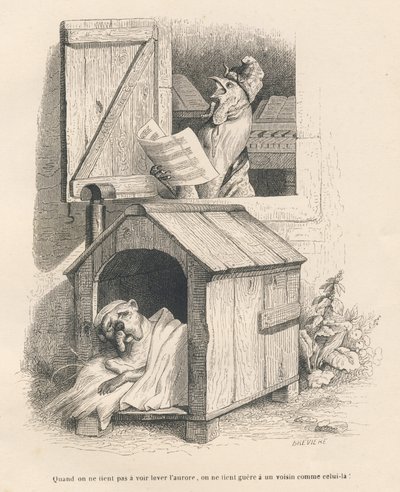 Lazy Dog in His Kennel Awakened by a Rooster Crowing at Dawn by Grandville