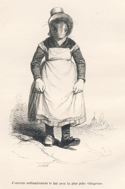 Village Woman Going to the Ball. Illustrated vignettes by JJ Granville. Engraving signed Caque in the section titled 