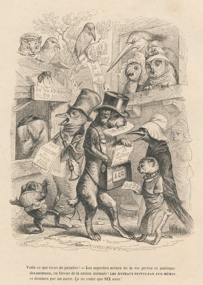 Here is What Just Appeared. Cat and Bird Selling the Present Book for Six Sous. Illustrated Vignettes by JJ Granville. Engraving Signed by Andrew, Best, and Leloir in the Prologue Titled 