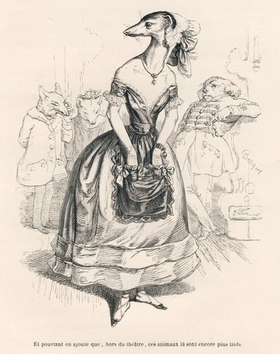 ... outside the theater, these animals are even uglier. Illustrated vignettes by JJ Granville. Engraving signed Godard in the section titled "The First Serial of Pistolet" written by Jules Janin in "Scenes from the Private and Public Life of Animals" by Grandville