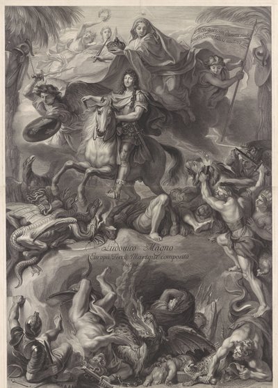 Allegorical Equestrian Portrait of Louis XIV, King of France by Gérard Edelinck