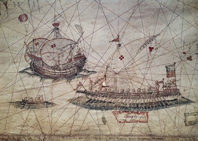 Galley and Portuguese caravel (detail) by Grazioso Benincasa