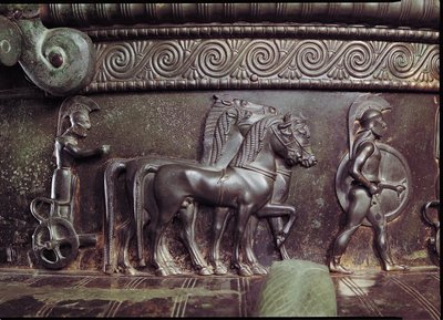 A Quadriga and a Hoplite, detail of the frieze around the neck of the Vix Krater by Greek