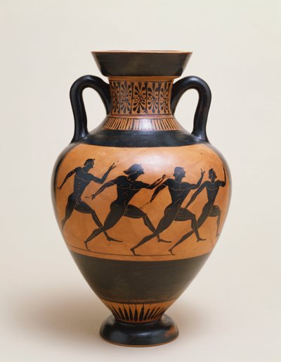 An Attic black-figure amphora of panathenaic shape featuring four naked athletes sprinting to the right by Greek