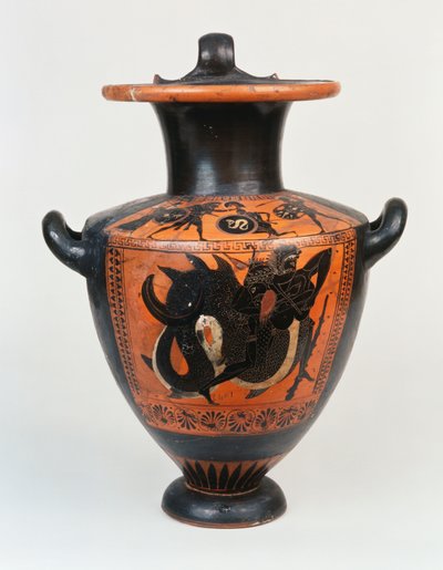 An Attic black-figure hydria depicting Athena and Herakles in combat, and below, Herakles wrestling with Nereos by Greek