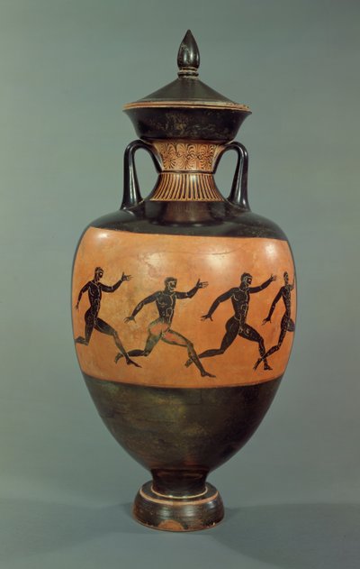 Attic black-figure Panathenaic amphora decorated with running men, 375-370 BC by Greek
