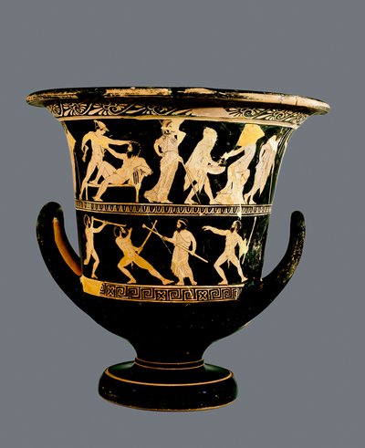 Attic red-figure calyx-krater depicting (above) the Deeds of Theseus and (below) the satyrs Sikinnis, Komos and Simos light torches from coals Prometheus carries in a fennel stalk, c.420 BC by Greek