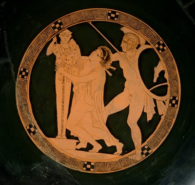 Attic red-figure cup depicting Cassandra chased by Ajax seeking refuge by a xoanon of Athena, c.430 BC by Greek