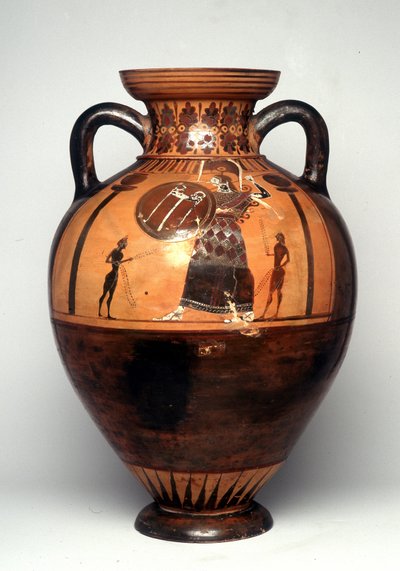 Black Figure Vase Depicting Athena Brandishing a Shield and Spear, 550 BC by Greek
