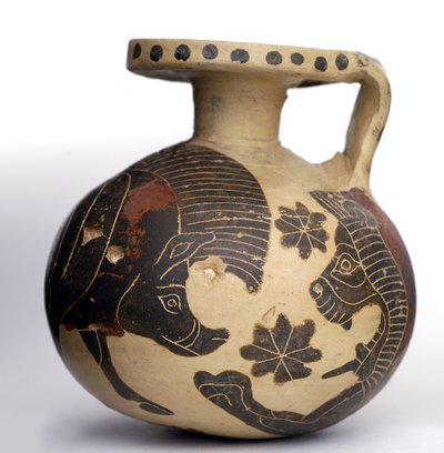 Corinthian black-figure spherical aryballos depicting animals, Middle Corinthian Period (600-575 BC) by Greek