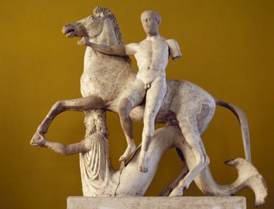 Dioscuro and Horse Supported by a Triton, Parian Marble, Sculptural Decoration from Western Facade of Marasa District Temple, Locri, Calabria, Italy, Greek Civilization, 5th-4th Century BC by Greek