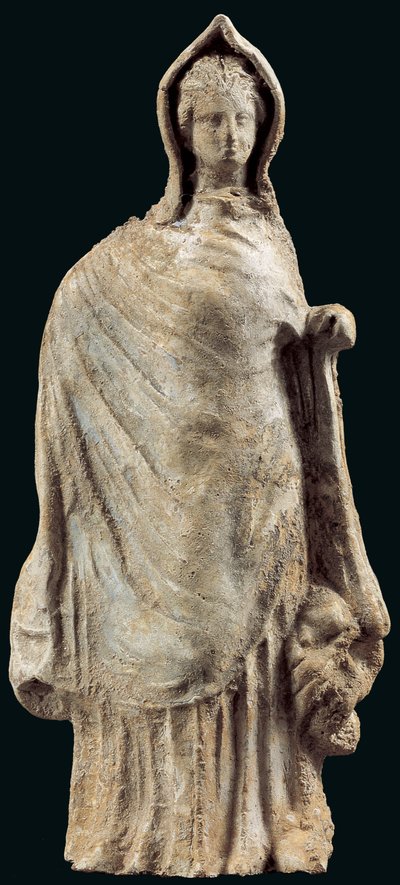 Figurine of a woman wearing a chiton and a himation covering her head, possibly from Myrina, Asia Minor, 250-200 BC by Greek