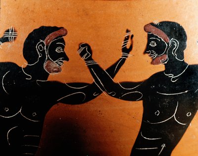 Greek Art: Panathenaic Terracotta amphora: detail depicting a battle of pugilat. Tomb of the Vulci warrior. Rome, Museo Nazionale di Villa Giulia by Greek