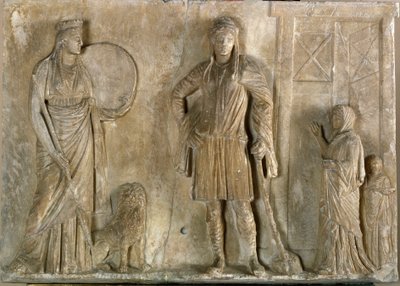 Phrygian divinities Cybele and Attis, his son and lover - Marble relief by Greek