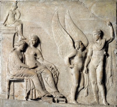 Paris, prince of Sparta and Helen of Troy, with Aphrodite - Marble relief by Greek