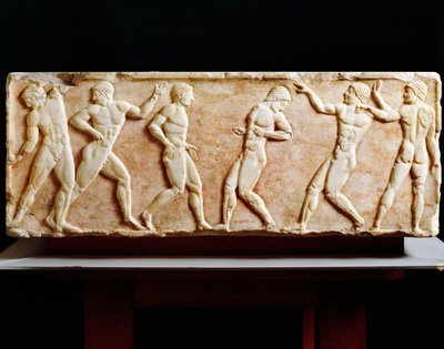 Stele depicting athletes at gymnasium, From Kerameikos necropolis in Athens, Greece, 510 BC by Greek