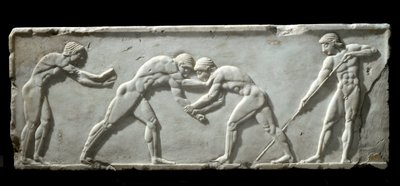 Greek Art: Base of Kouros Representing Wrestlers During a Fight by Greek