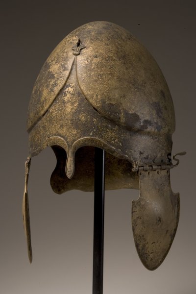 Helmet with phallic applique, Chalcidian, 5th-4th century BC by Greek