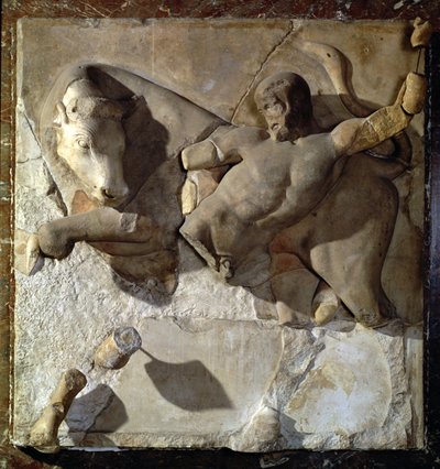 Hercules Fighting the Cretan Bull, One of a Series of Twelve Metopes Depicting the Labours of Hercules from the Temple of Zeus in Olympia, Early Classical Period, c.470-457 BC by Greek