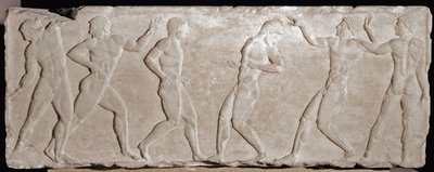 Marble relief of a funerary kouros representing six athletes. 510-500 BC. From the Acropolis, Athens. National Museum of Archaeology, Athens by Greek