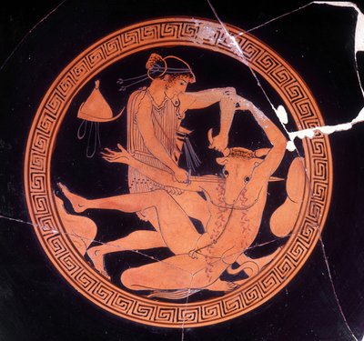 Minotaur killed by Theseus - Greek vase kept at the Museo Archeologico de Firenze. Interior of the pentic cup with red figures, painter of Dokimasia. 480 BC. by Greek
