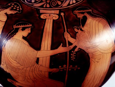 Painting on Vase: Jupiter (Zeus) Presents the Young Dionysus (Bacco) to Two Women. 480 BC. BNF, Medal Office by Greek