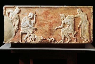 Stele depicting fight between dog and cat, 510 BC by Greek
