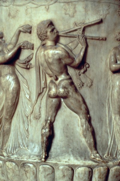 The Borghese Crater or Vase (detail of relief depicting a man playing the double flute) by Greek