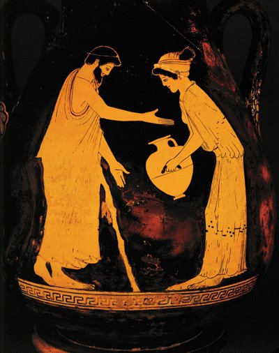 Man with walking stick and woman with water jar by Greek Greek