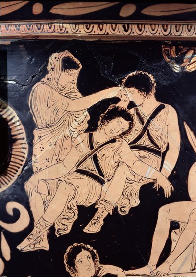 Attic red-figure krater depicting Orestes as suppliant at the shrine of Apollo in Delphi, attributed to the Apulian Eumenides Painter, c.380 BC (detail) by Greek School