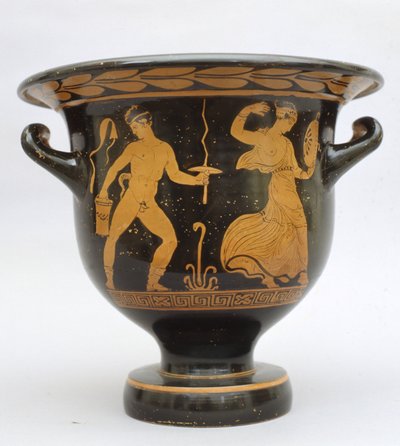 Bell-shaped Proto-Apulian Krater with Satyr and Maenad from Matera, Italy by Greek School