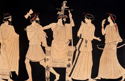 Birth of Athena coming out of the head of Jupiter (Zeus), painting found in Vulci, ed. 20th century by Greek School