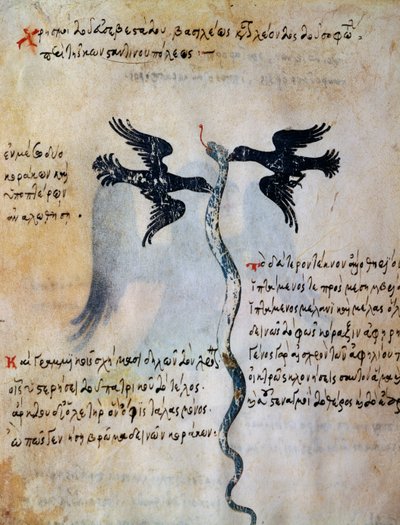 Depiction of Constantinople between two ravens, miniature from Oracle of Leo VI Wise by Greek School