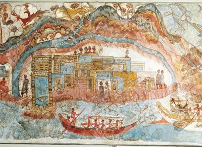 Fresco Depicting a Ship Procession from Akrotiri, Thera Island, Santorini, Greece (detail) by Greek School