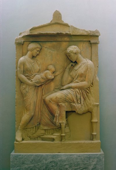 Funerary stela depicting a maid holding a baby out to a seated woman by Greek School