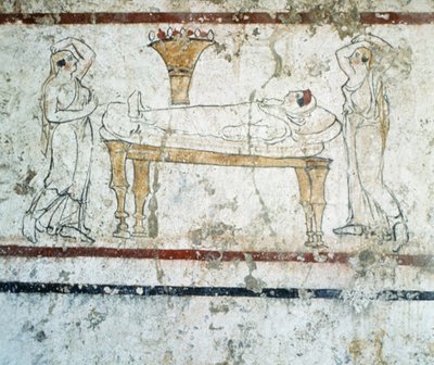 Gaudo Necropolis, Lucanian fresco tomb painting depicting the deceased on her deathbed, 340 BC by Greek School