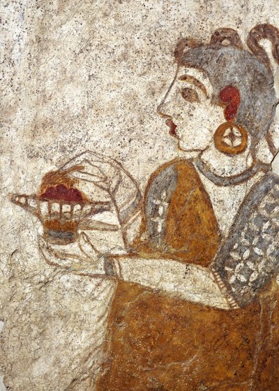 Greek civilization, fresco depicting priestess burning incense, from Akrotiri, Thera Island, Santorini, Greece by Greek School