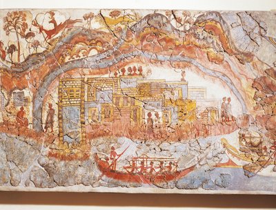 Greek civilization, fresco depicting ship procession, from Akrotiri, Thera Island, Santorini, Greece by Greek School