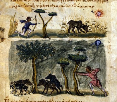 Hunting Wild Boar After the Greek Manuscript of Oppianus De Venatione 13th Century by Greek School