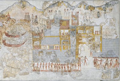 Miniature fresco depicting a naval fleet leaving dock, from the west house of Thera or Santorini, Greece by Greek School