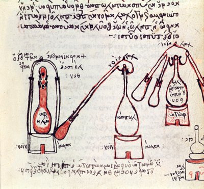 Two alembics and their receivers, copy of a late 3rd or early 4th century treatise on alchemy by Zosimos of Panoplis by Greek School