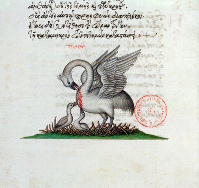 A Pelican Piercing its Breast to Feed its Young, from a Bestiary by Manuel Philes, 1566 by Greek School