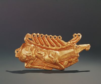 Recumbent stag, decorated on the body with figures of winged griffin, hare, lion, dog and rams head by Greek School