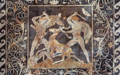 Stag Hunt Mosaic, Alexander the Great and Hephestion, Pella, Greece, 330-300 BC by Greek School
