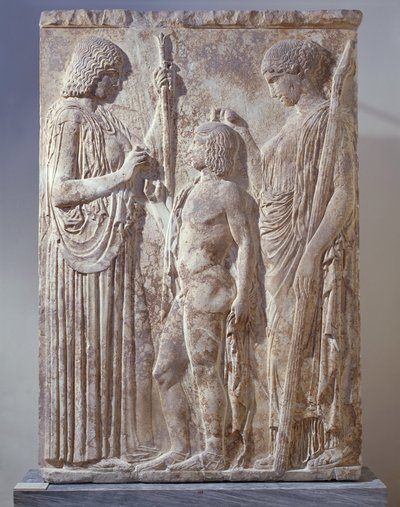 Marble Bas-Relief Depicting Triad of Eleusinian Mysteries with Persephone, Demeter and Triptolemus by Greek School