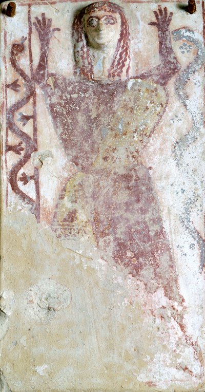 Polychrome Painting on Pinax and Relief Depicting Feminine Deity with Serpent from Agora of Athens, Greece, Greek Civilization, 7th Century BC by Greek School