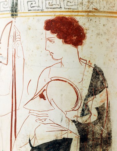 Attic Lekythos Depicting Funerary Scene with Warrior Before Tomb (Detail) by Greek School
