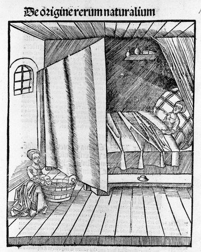 A Midwife Cleans the Newly Born Baby While the Mother is Resting. Engraving in “Margarita Philosophica” by Gregor Reisch (1467-1525), Basel by Gregor Reisch
