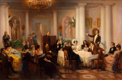 Pushkin and His Friends Listen to Adam Mickiewicz in the Salon of Princess Zinaida Volkonskaya by Grigori Grigorievich Mjasoedov
