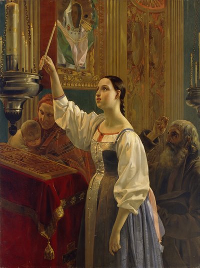 A Girl Placed a Candle Before the Icon by Grigori Karpovich Mikhaylov